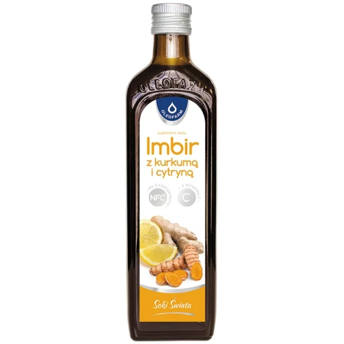 Oleofarm Sok z imbiru, kurkumy i cytryny z witaminą C, 490 ml - Uzupełnia codzienną dietę w witaminę C