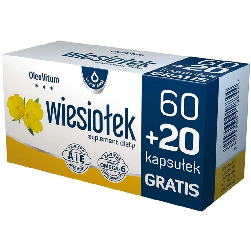 Oleofarm Wiesiołek, 80 kapsułek  - Z kwasami omega-6 z oleju z wiesiołka  oraz witaminami A i E
