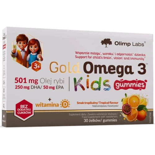 Olimp Gold Omega 3 Kids Gummies, smak tropikalny, 30 żelek - Omega 3 i witamina D3 dla dzieci powyżej 3. roku życia