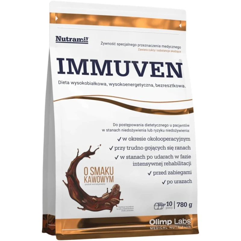 Olimp Immuven o smaku kawowym, 780 g - Zawiera kompozycję niezbędnych składników pokarmowych oraz kwasy omega-3, L-argininę i beta glukany z drożdży