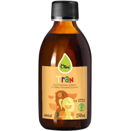 Olini Tran o smaku pomarańczowym, 250 ml - Źródło kwasów omega-3, witamin A i D3