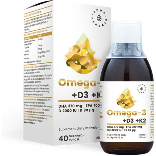 Aura Herbals Omega-3 370 DHA + D3 2000IU + K2 Płyn, 200 ml - Omega-3 z DHA i EPA z witaminą D3 i K2 dla dorosłych