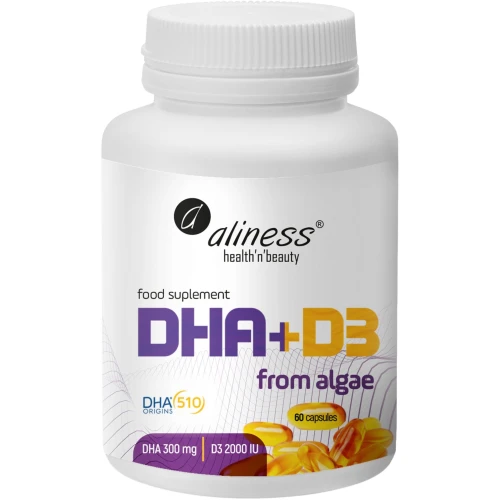 Aliness Omega DHA 300 mg z alg + D3 2000 IU, 60 kapsułek - 100% Roślinne Omega-3