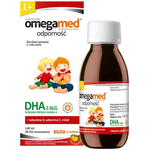 Omegamed Odporność 1+, syrop o smaku pomarańczowym, 140 ml - Roślinne DHA z alg z miodem i witaminami D i C dla naturalnego wsparcia odporności