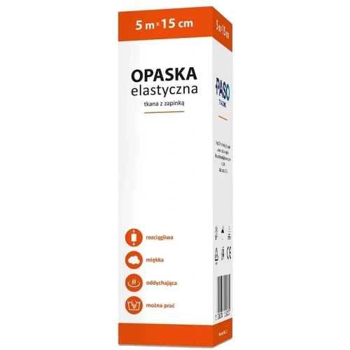 Paso Opaska elastyczna tkana z zapinką 5 m x 15 cm, 1 sztuka - Do podtrzymywania opatrunku i odciążenia oraz stabilizacji stawów