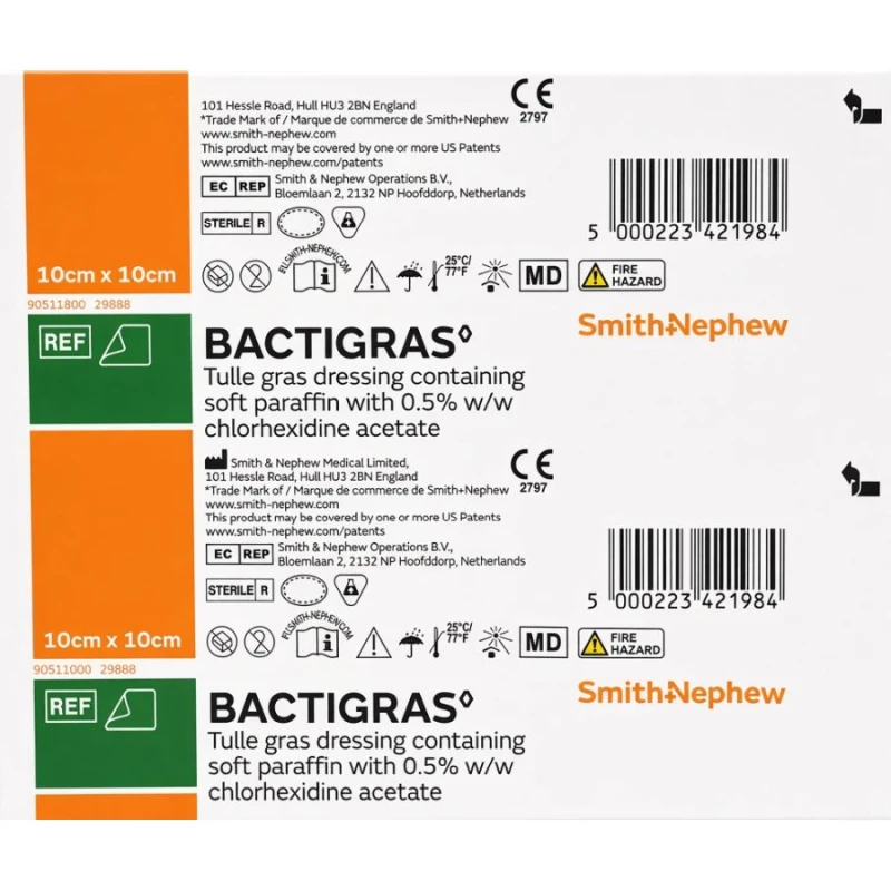 Bactigras Opatrunek parafinowy jałowy, 10 cm x 10 cm, 1 sztuka - Opatrunek na rany i oparzenia