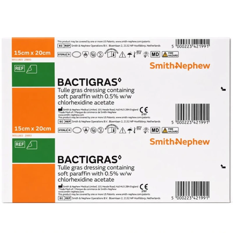 Bactigras Opatrunek parafinowy jałowy, 15 cm x 20 cm, 1 sztuka - Warstwa kontaktowa na rany i oparzenia