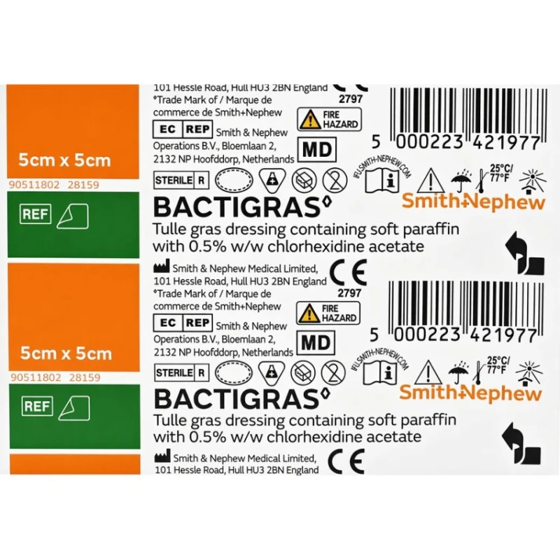 Bactigras Opatrunek parafinowy jałowy, 5 cm x 5 cm, 1 sztuka - Opatrunek na rany i oparzenia