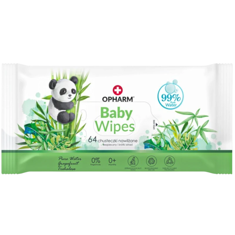 Opharm Baby Wipes chusteczki nawilżane 64 sztuki - W 99% z wody do pielęgnacji skóry od 1. dnia życia