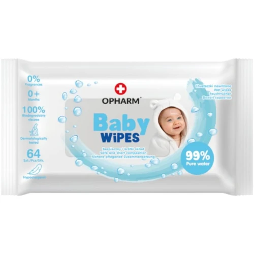 Opharm Baby Wipes, nawilżane chusteczki dla dzieci, 64 sztuki - Biodegradowalne i nawilżane w 99% czystą wodą z dodatkiem trehalozy