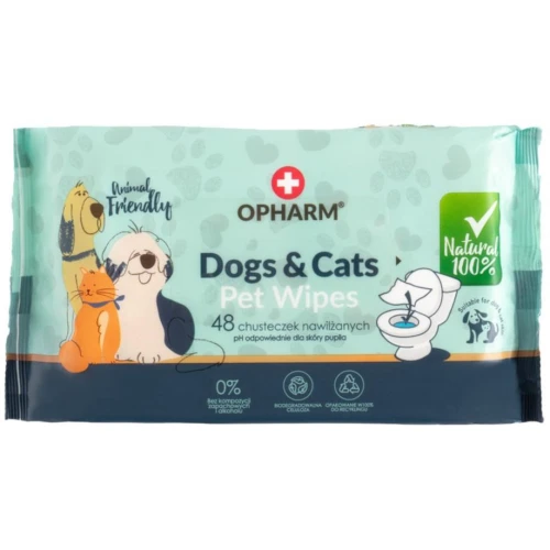Opharm Dogs & Cats Pet Wipes, papierowe chusteczki do pielęgnacji zwierząt, 48 sztuk - Oczyszczanie i bezpieczna pielęgnacja łap, uszu i oczu