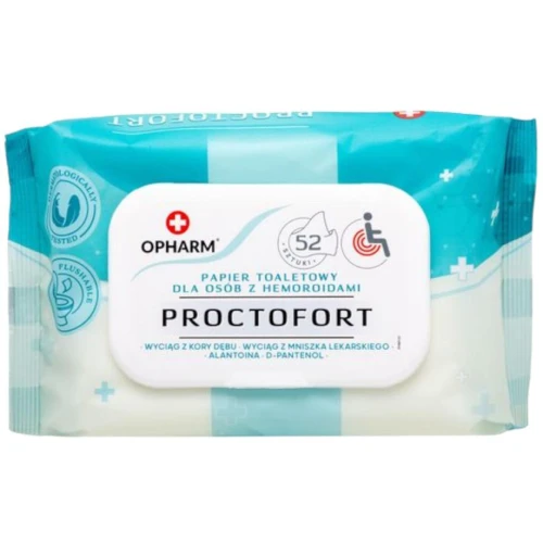 Opharm Proctofort na hemoroidy, nawilżany papier toaletowy, 52 sztuki - Z korą dębu i mniszkiem łagodzi pieczenie i świąd przy hemoroidach