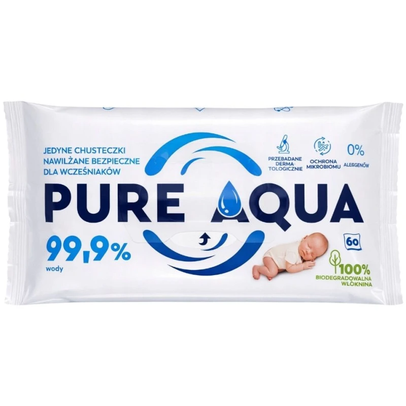 Opharm Pure Aqua 99,9% wody, chusteczki nawilżane, 60 sztuk - Z biodegradowalnej włókniny bezpieczne dla wrażliwej skóry