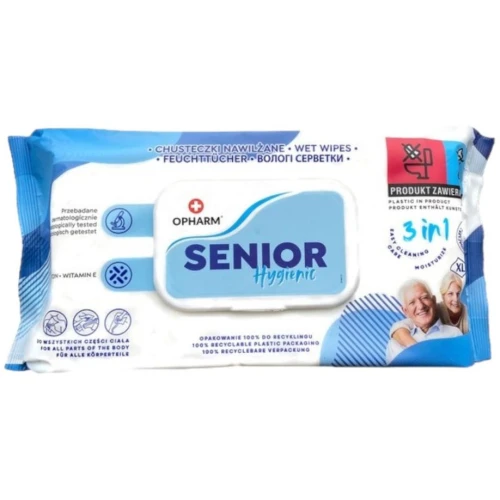Opharm Senior Hygienic, chusteczki nawilżane, 72 sztuki - Z witaminą E i alantoina zapewniają oczyszczanie i regenerację skóry