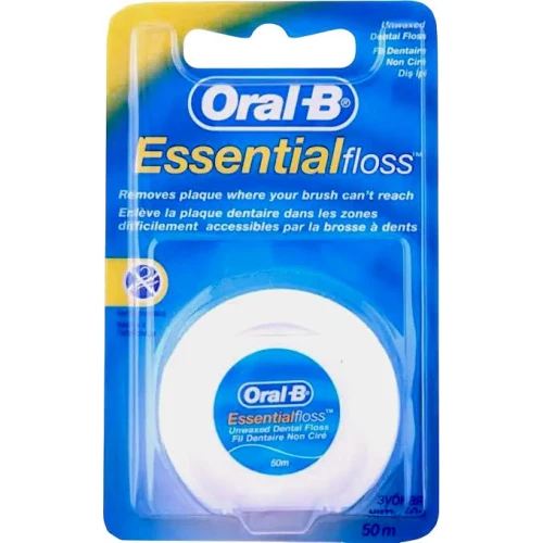 Oral-B Essential nić dentystyczna 50 m, 1 sztuka - Niewoskowana, usuwa płytkę nazębną z trudno dostępnych miejsc