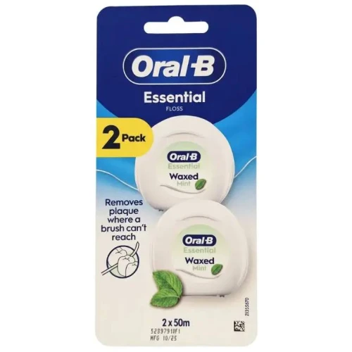 Oral-B Essential Floss Waxed Mint, nić dentystyczna, 2x50 m - Miętowa, nawoskowana nić dentystyczna