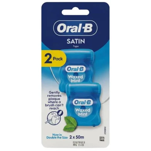 Oral-B Satin Tape Waxed Mint, nić dentystyczna, 2 x 50 m - Szeroka taśma o satynowej strukturze skutecznie usuwa płytkę bakteryjną