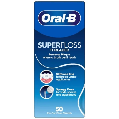 Oral-B Super Floss, nić dentystyczna, 50 x 60 cm - Do aparatów ortodontycznych, mostów i szerokich przestrzeni międzyzębowych