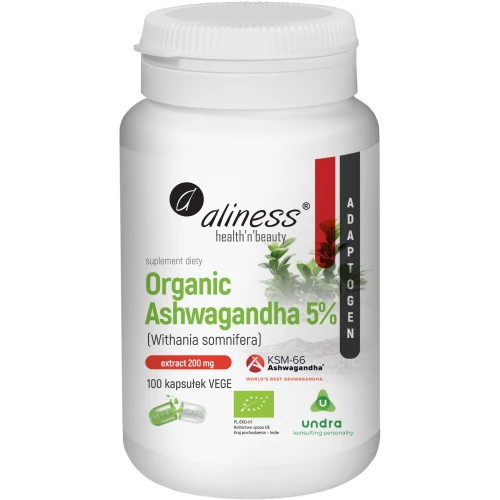 Aliness Organic Ashwagandha 5% 200 mg, 100 kapsułek - Organiczny ekstrakt KSM-66 pozyskiwany wyłącznie z korzenia 