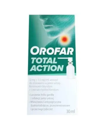 Orofar Total Action, (2 mg + 1,5 mg)/ml, aerozol do stosowania w jamie ustnej, 30 ml - Łagodzi ból gardła