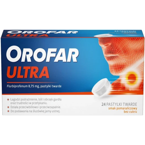 Orofar Ultra 8,75 mg, smak pomarańczowy, bez cukru, 24 pastylki twarde - Łagodzi objawy stanu zapalnego gardła