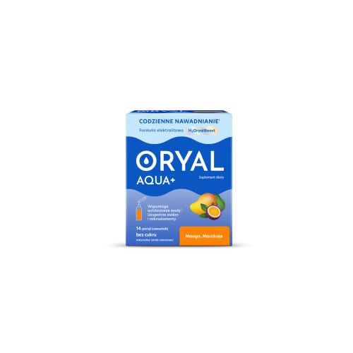Oryal Aqua+ Mango, marakuja, 14 saszetek - Nawodnienie i elektrolity w 14 saszetkach