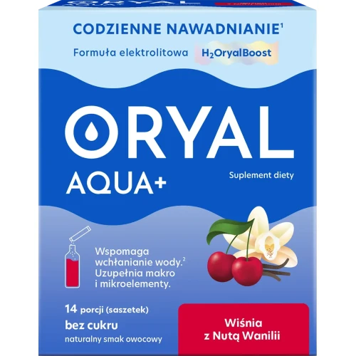 Oryal Aqua+ Wiśnia z nutą wanilii, 14 saszetek - Nawodnienie z dodatkiem elektrolitów