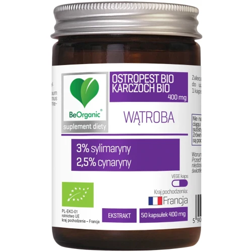 BeOrganic Ostropest BIO 3% + Karczoch BIO 2,5% 400 mg, 50 kapsułek - Wsparcie wątroby i metabolizmu lipidów