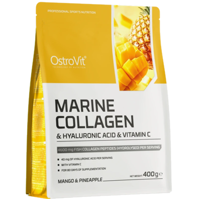 OstroVit  Marine Collagen smak mango z ananasem,  proszek 400 g - Z kwasem hialuronowym i witaminą C
