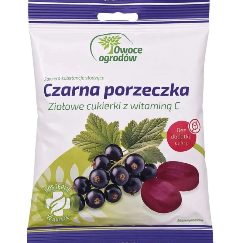 Owoce Ogrodów, Czarna porzeczka, cukierki ziołowe z witaminą C, 60 g - Twarde karmelki bez dodatku cukrów