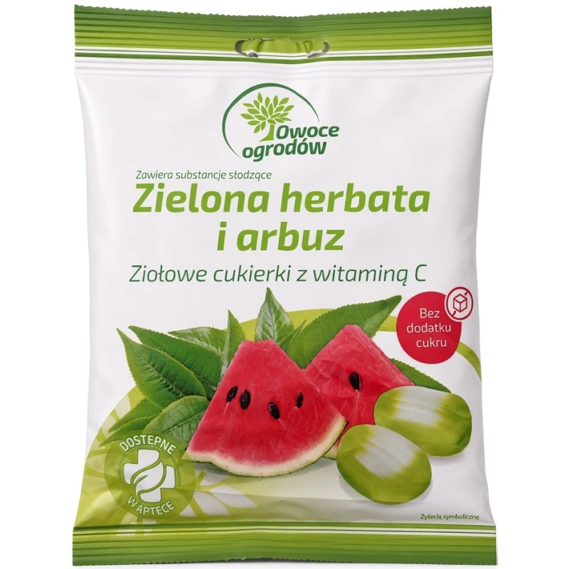 Owoce Ogrodów, Zielona herbata i arbuz, cukierki ziołowe z witaminą C, 60 g - Twarde karmelki bez dodatku cukrów