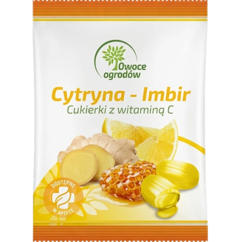 Owoce ogrodów, Cytryna i Imbir, cukierki ziołowe z witaminą C, 50 g - Karmelki nadziewane z cukrem