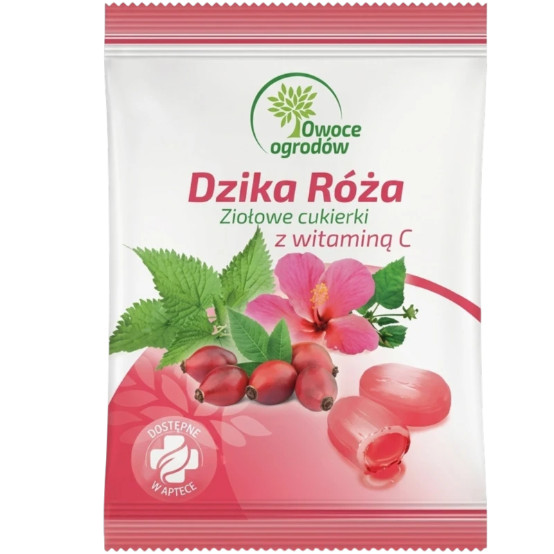 Owoce Ogrodów, Dzika Róża, cukierki ziołowe z witaminą C, 60 g - Karmelki nadziewane z cukrem