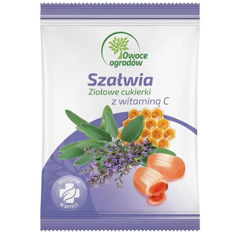 Owoce Ogrodów, Szałwia,  cukierki ziołowe z witaminą C, 60 g - Karmelki nadziewane z cukrem