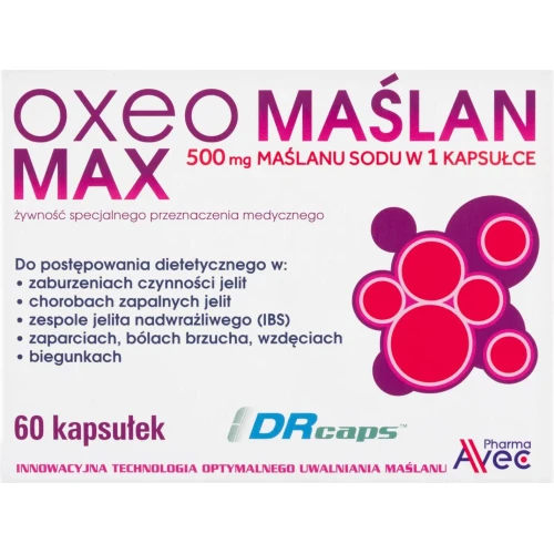 Oxeo Maślan Max 500 mg, 60 kapsułek - Wsparcie dietetyczne w IBS, chorobach zapalnych jelit i zaburzeniach flory jelitowej