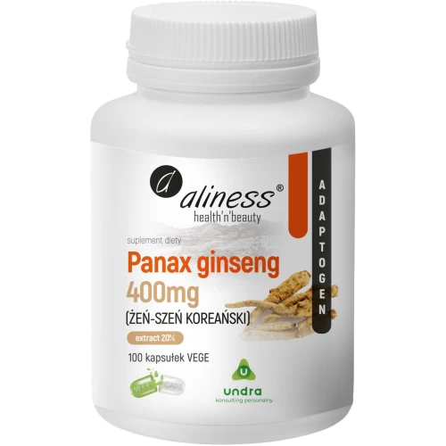 Aliness Panax Ginseng (Żeń-Szeń Koreański) 400 mg, 100 kapsułek - Standaryzowany ekstrakt z korzenia z 20% ginsenozydów
