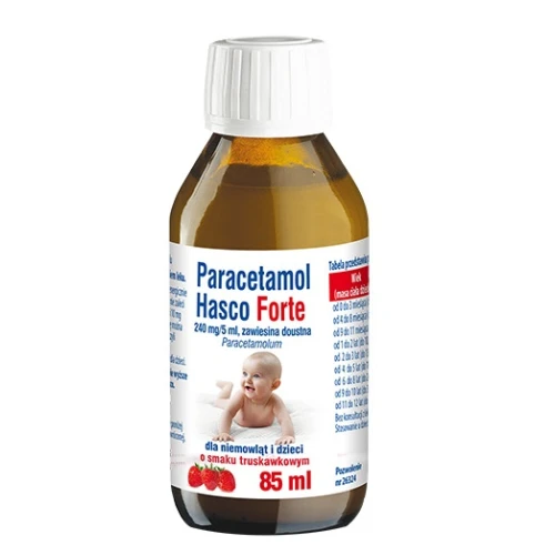 Paracetamol Hasco Forte 240 mg/5ml,  smak truskawkowy, zawiesina doustna, 85 ml - Wysoka dawka paracetamolu na ból i gorączkę dla dzieci i niemowląt