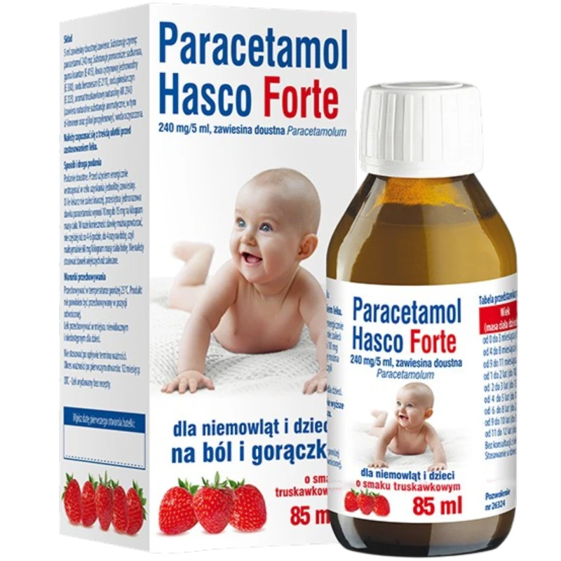 Paracetamol Hasco Forte 240 mg/5ml,  smak truskawkowy, zawiesina doustna, 85 ml - Wysoka dawka paracetamolu na ból i gorączkę dla dzieci i niemowląt