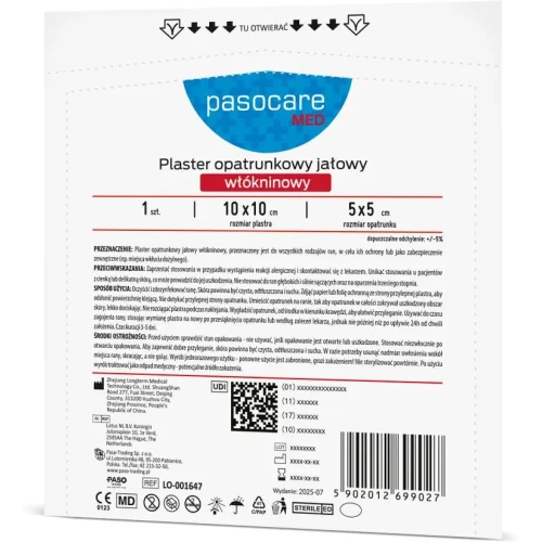 Pasocare Med Plaster opatrunkowy jałowy włókninowy, 10cm x 10cm, 1 sztuka - Do zabezpieczania ran, skaleczeń i miejsc po wkłuciach 