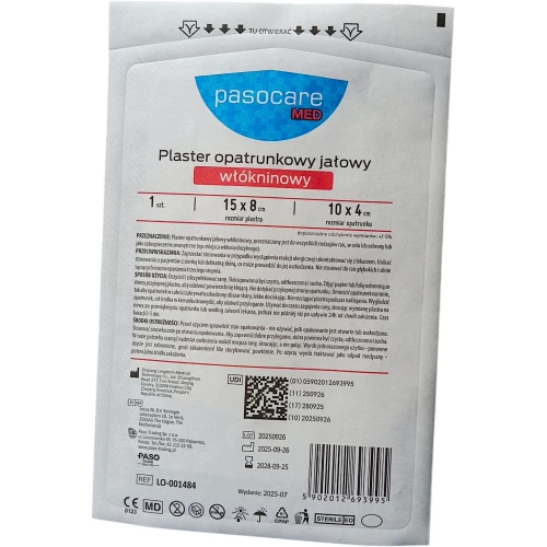 Pasocare Med Plaster opatrunkowy jałowy włókninowy, 15cm x 8cm, 1 sztuka - Do zabezpieczania ran, skaleczeń i miejsc po wkłuciach 