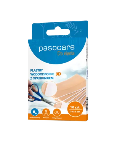 Pasocare Plus Plastry wodoodporne 3D z opatrunkiem 10 x 8 cm, 10 sztuk - Wodoodporne i elastyczne