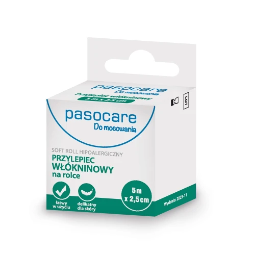 Pasocare Soft Roll Przylepiec włókninowy na rolce 5 m x 2,5 cm, 1 sztuka - Wygodny i odporny przylepiec na rolce