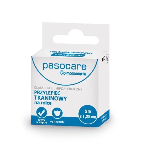 Pasocare Classic Roll Przylepiec tkaninowy na rolce 5 m x 1,25 cm, 1 sztuka - Trwała ochrona i stabilność opatrunków