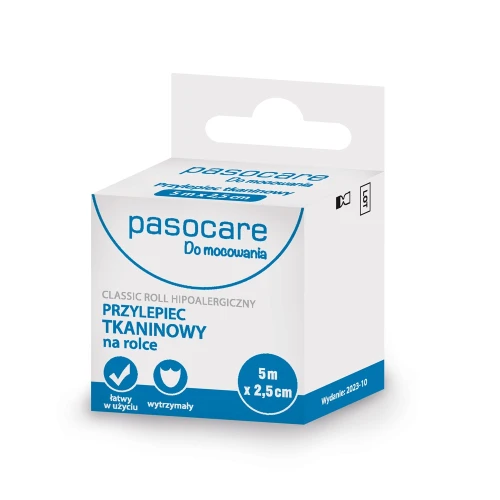 Pasocare Classic Roll Przylepiec tkaninowy na rolce 5 m x 2,5 cm, 1 sztuka - Mocny przylepiec na rolce, do codziennego użytku