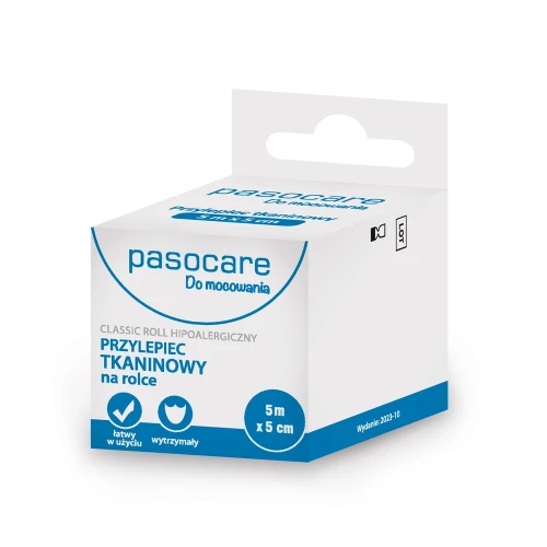 Pasocare Classic Roll Przylepiec tkaninowy na rolce 5 m x 5 cm, 1 sztuka - Trwały, elastyczny i łatwy w użyciu