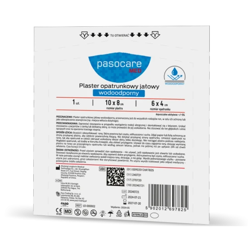 Pasocare Med Plaster opatrunkowy jałowy wodoodporny 10 x 8 cm, 1 sztuka - Samoprzylepny na rany