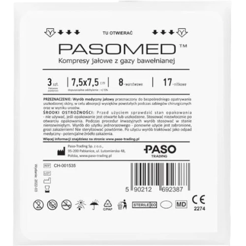 Pasomed Kompresy jałowe z gazy bawełnianej 17 nitkowe 8 warstwowe 7,5 x 7,5 cm, 3 sztuki - Do bezpośredniego opatrywania małych i średnich ran