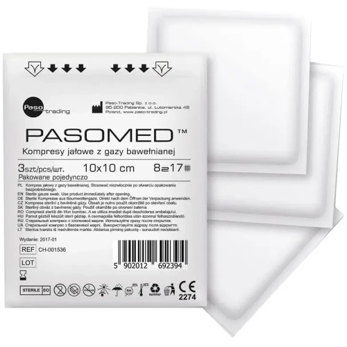 Pasomed Kompresy jałowe 17 nitkowe 8 warstwowe 10 x 10 cm, 3 sztuki - Adresowane do bezpośredniego opatrywania małych i średnich ran