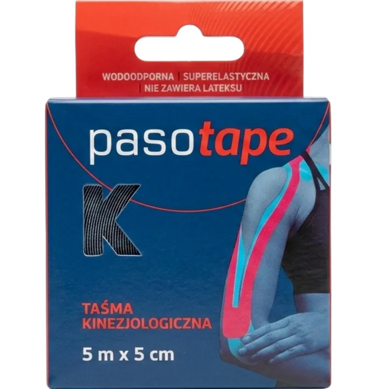 Pasotape Taśma kinezjologiczna czarna 5 m x 5 cm, 1 sztuka - Tejp do stabilizacji stawów, kompresji mięśni oraz korekty niestabilnego podparcia więzadeł i ścięgien