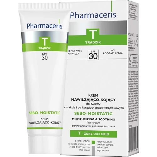 Pharmaceris T Sebo-Moistatic SPF 30,  krem nawilżająco-kojący do twarzy, 50 ml - Po kuracjach przeciwtrądzikowych